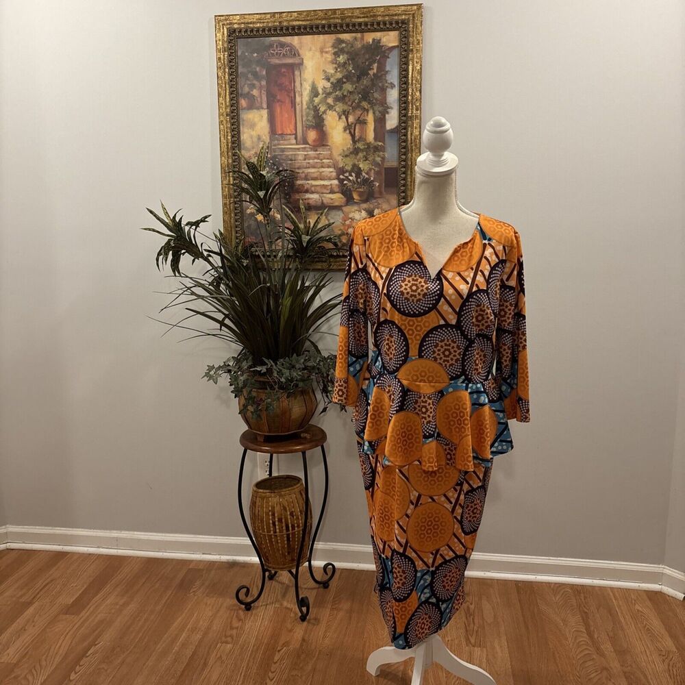 Flounce Tribal Print Women 3/4 Sleeve Dress Split Neck Pullover Preppy Vacation